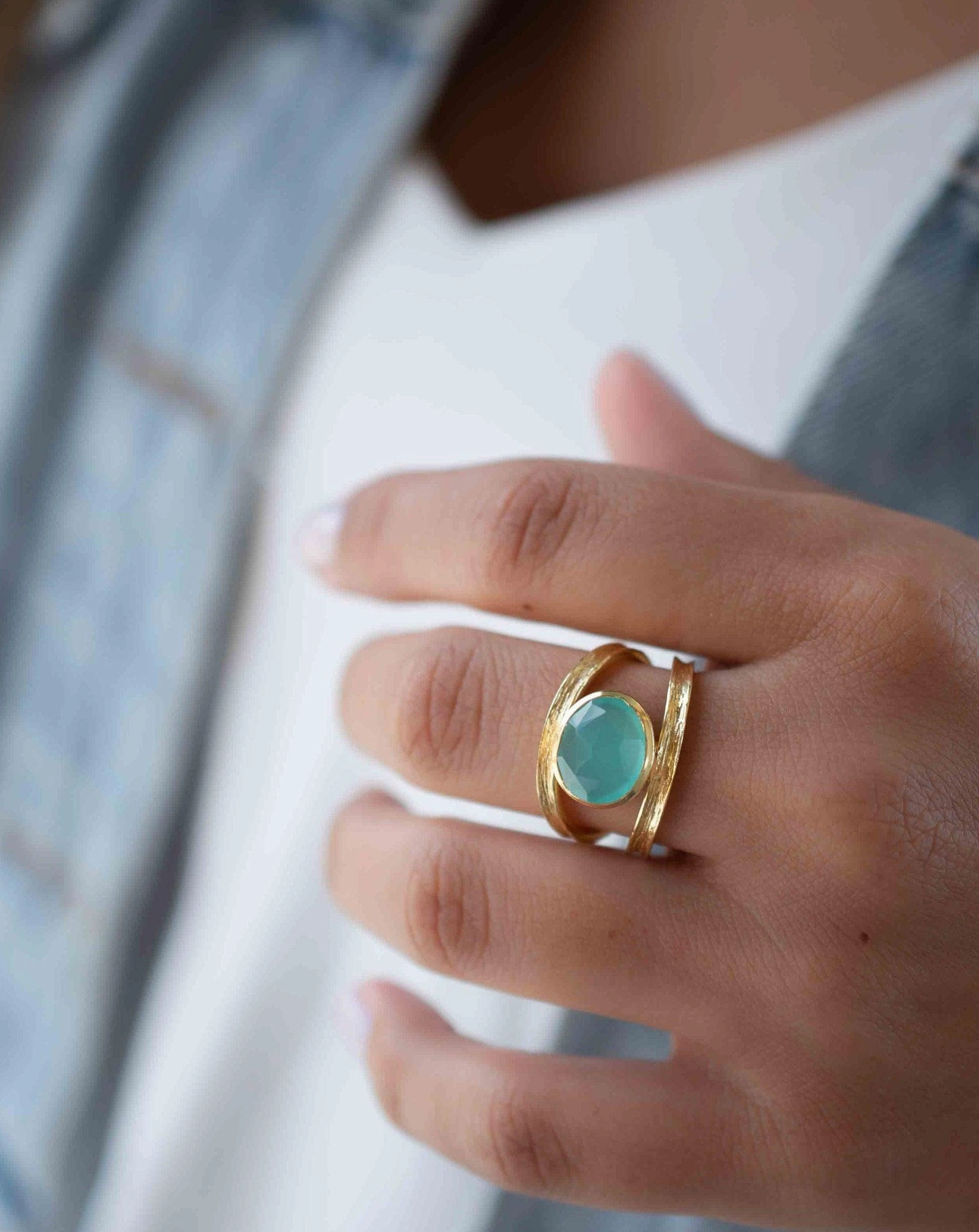 Double Ring ~ Aqua Chalcedony ~ 18k Gold Plated ~ MR309
