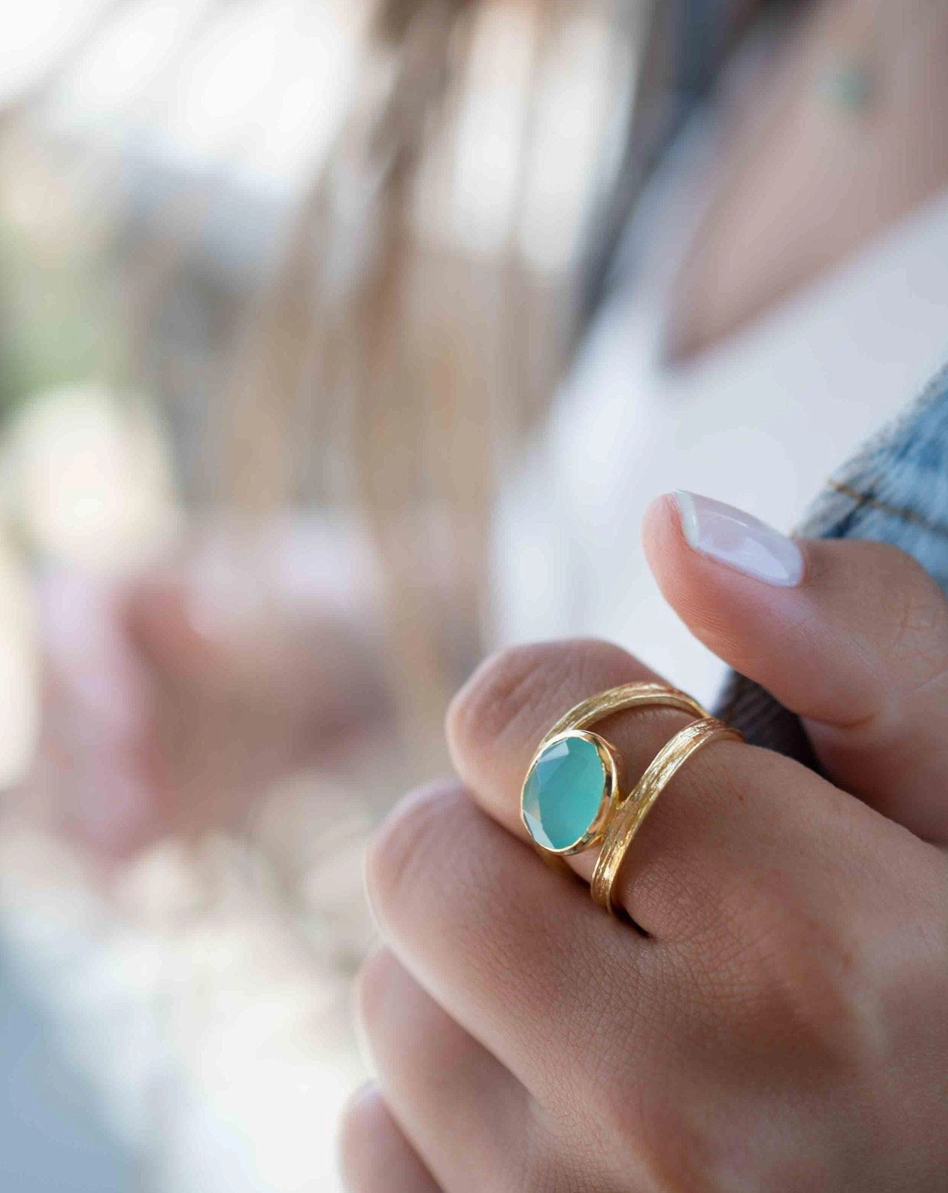 Double Ring ~ Aqua Chalcedony ~ 18k Gold Plated ~ MR309
