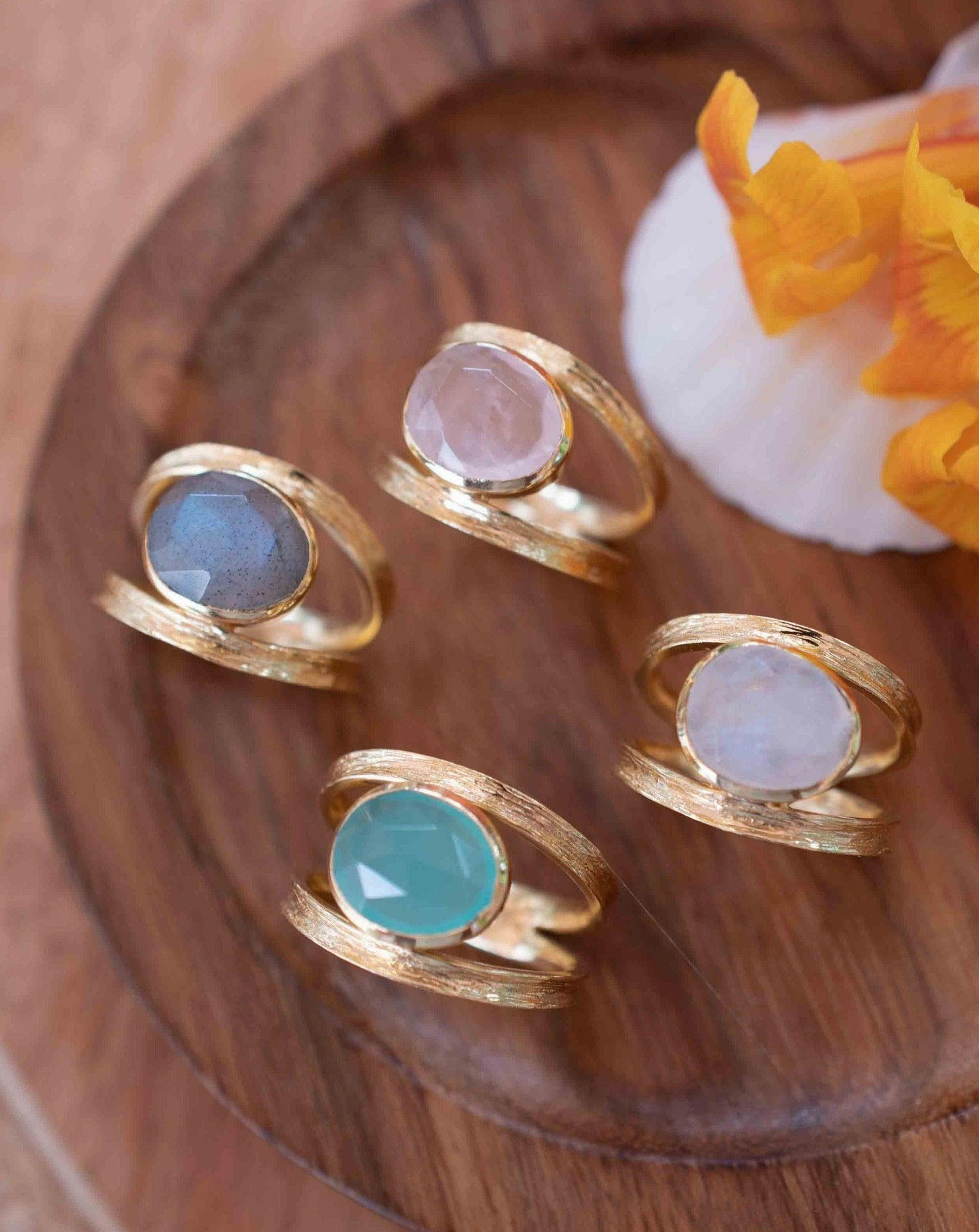 Double Ring ~ Aqua Chalcedony ~ 18k Gold Plated ~ MR309