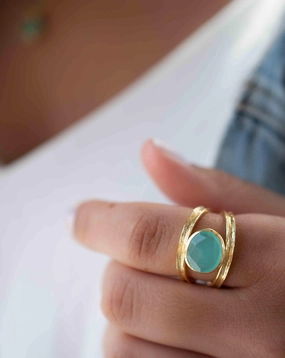 Double Ring ~ Aqua Chalcedony ~ 18k Gold Plated ~ MR309