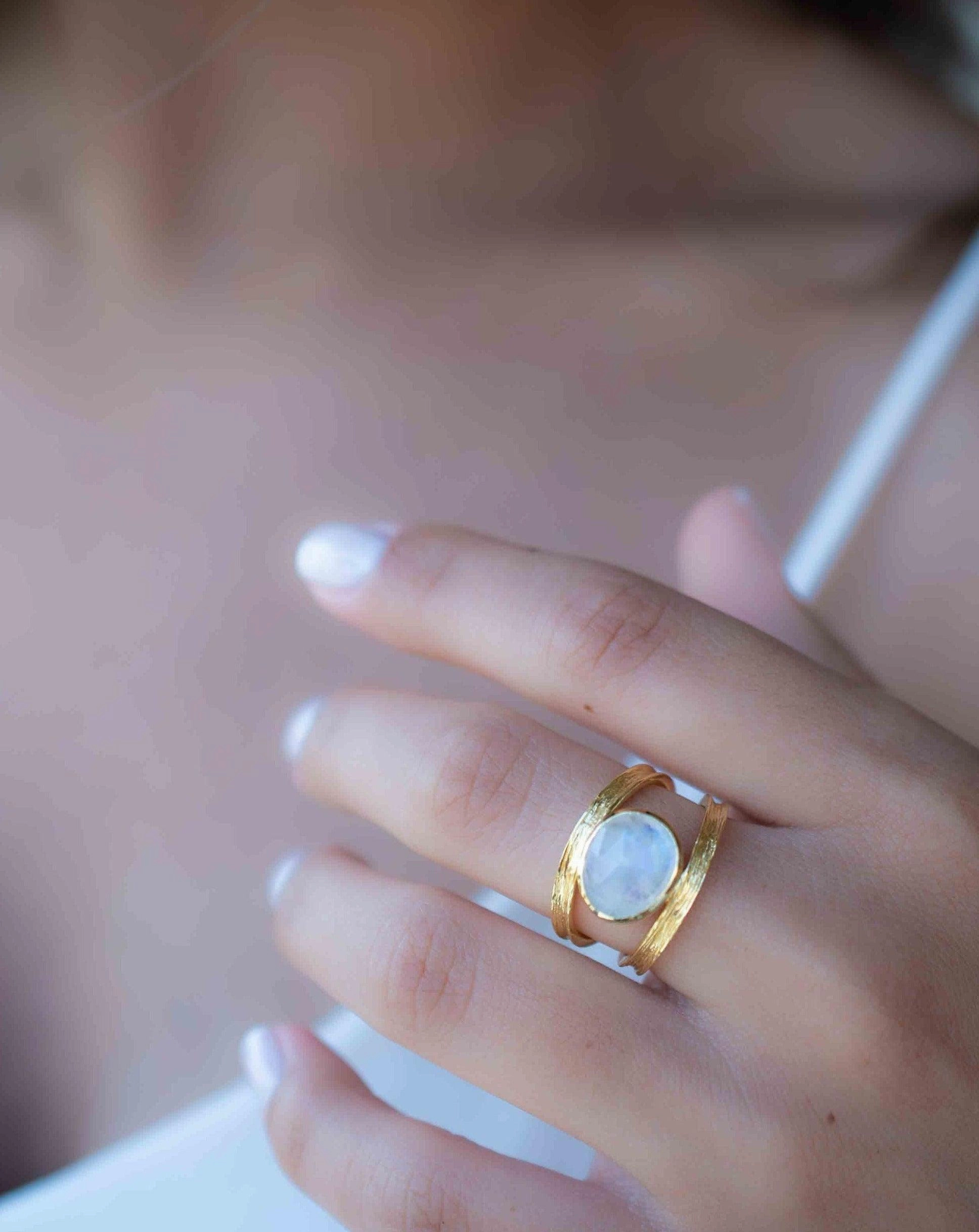 Double Ring ~ Rainbow Moonstone ~ 18k Gold Plated ~ MR307
