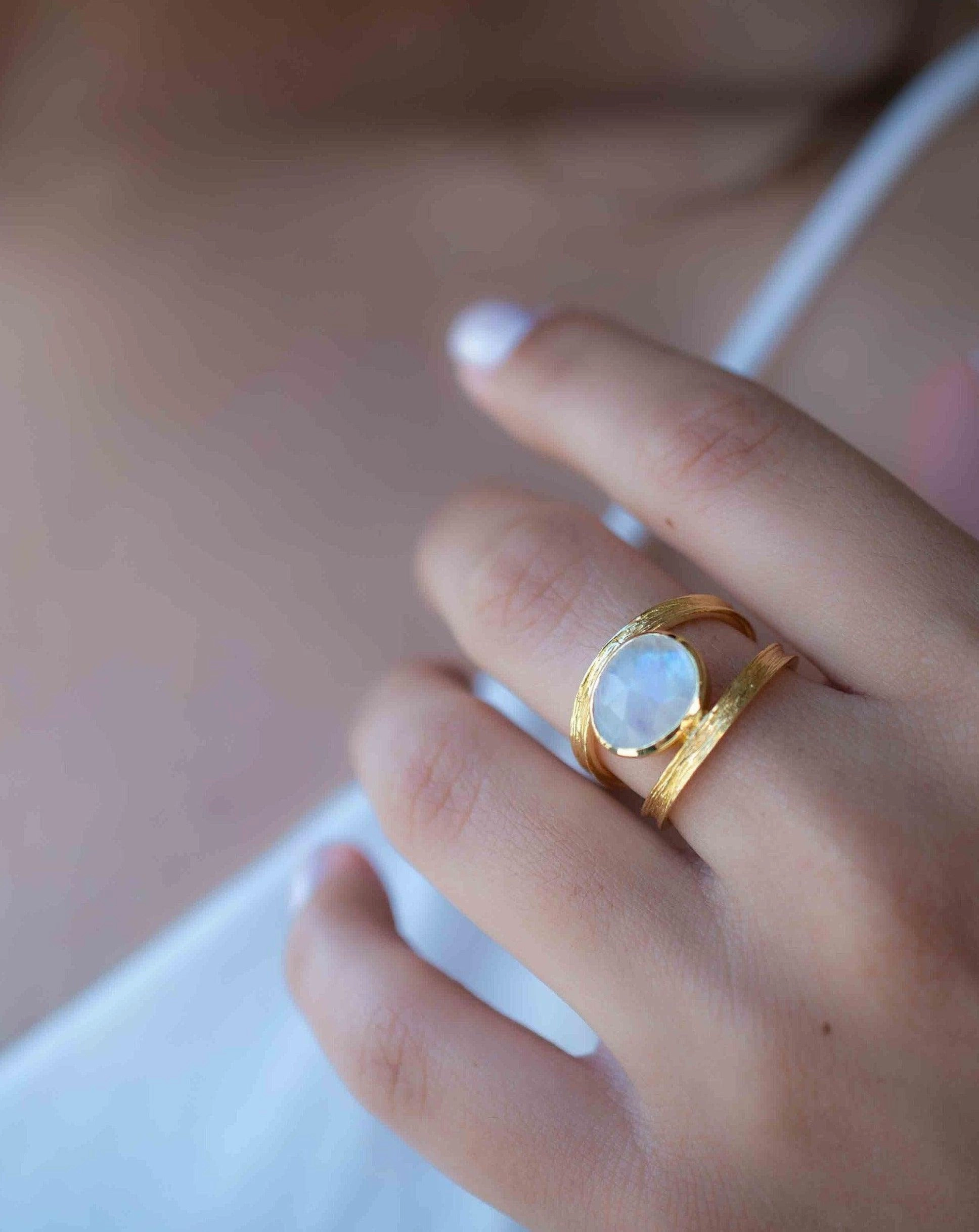 Double Ring ~ Rainbow Moonstone ~ 18k Gold Plated ~ MR307