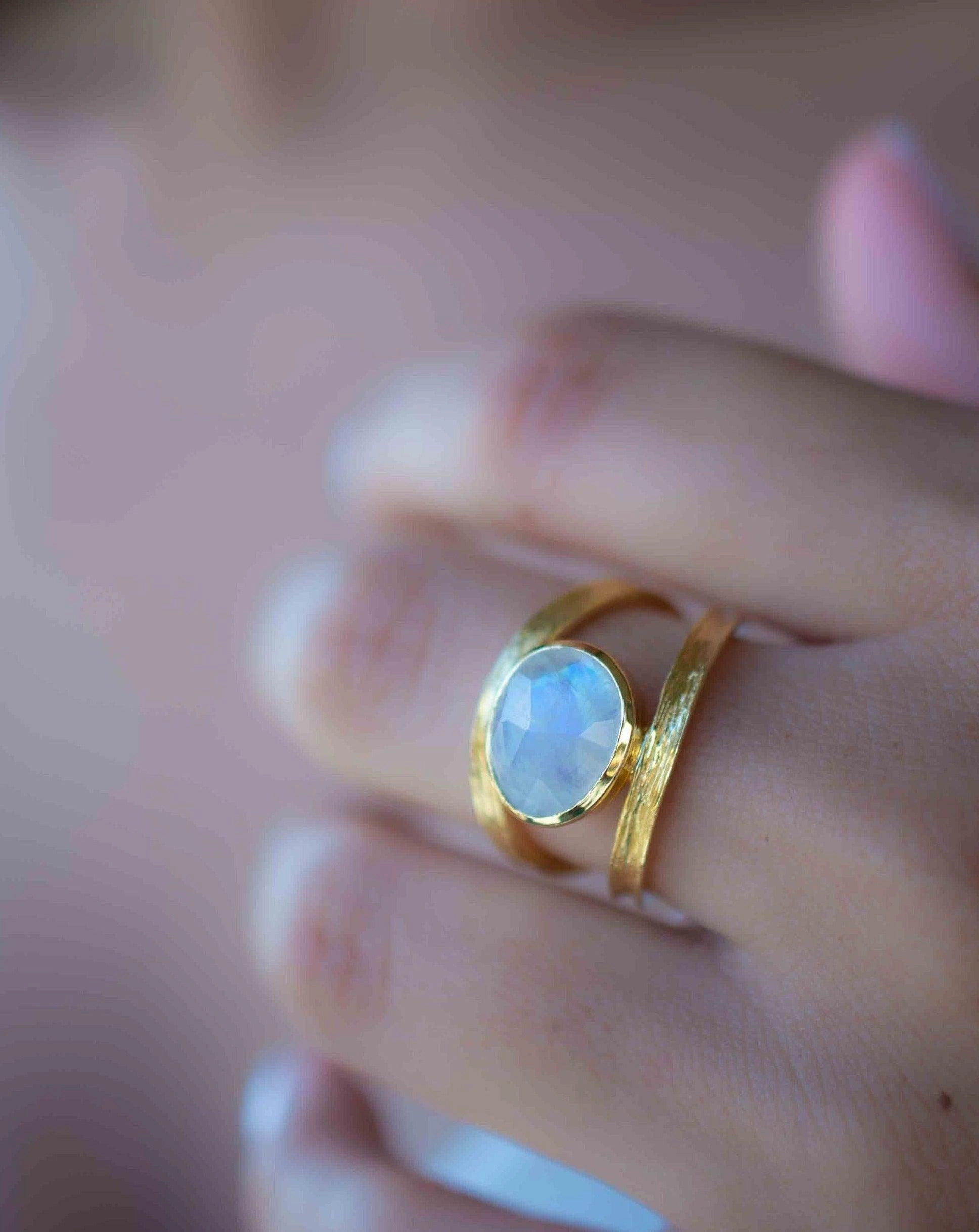 Double Ring ~ Rainbow Moonstone ~ 18k Gold Plated ~ MR307