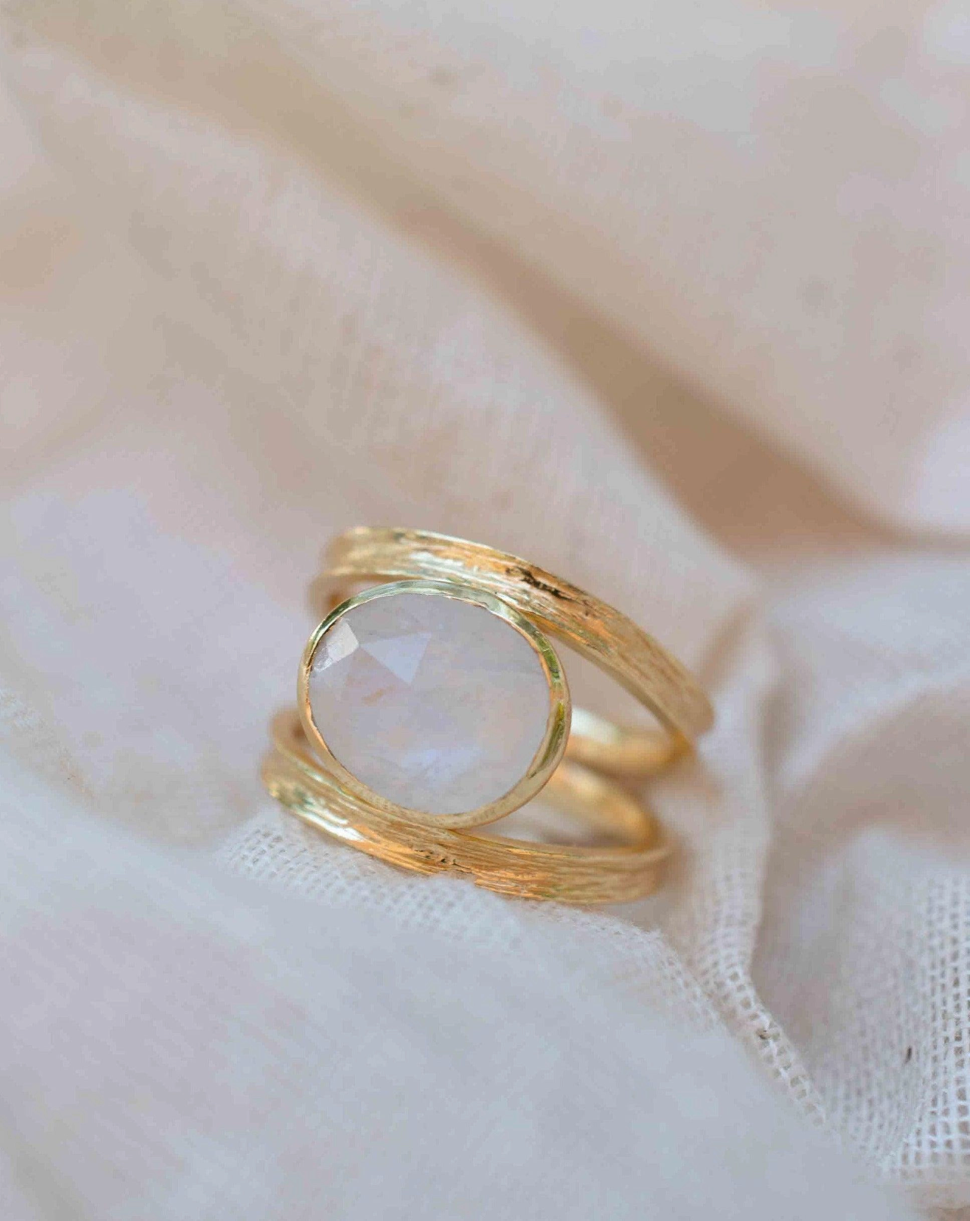 Double Ring ~ Rainbow Moonstone ~ 18k Gold Plated ~ MR307