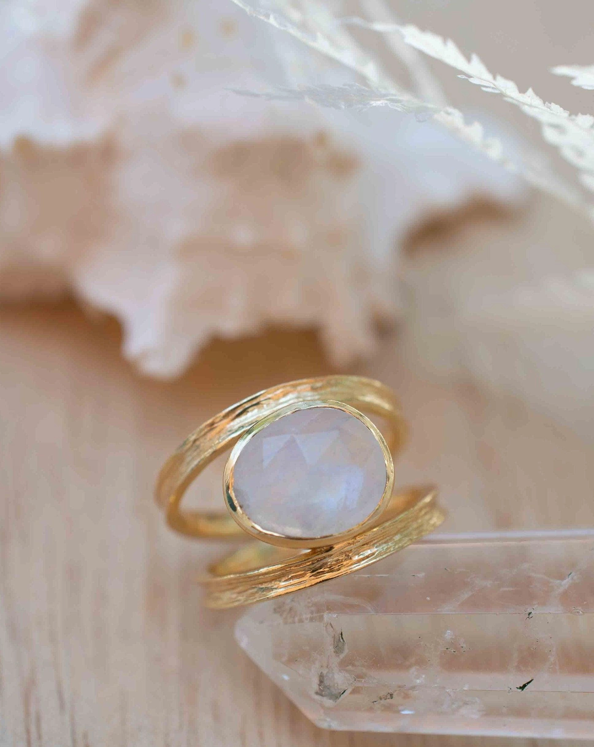 Double Ring ~ Rainbow Moonstone ~ 18k Gold Plated ~ MR307