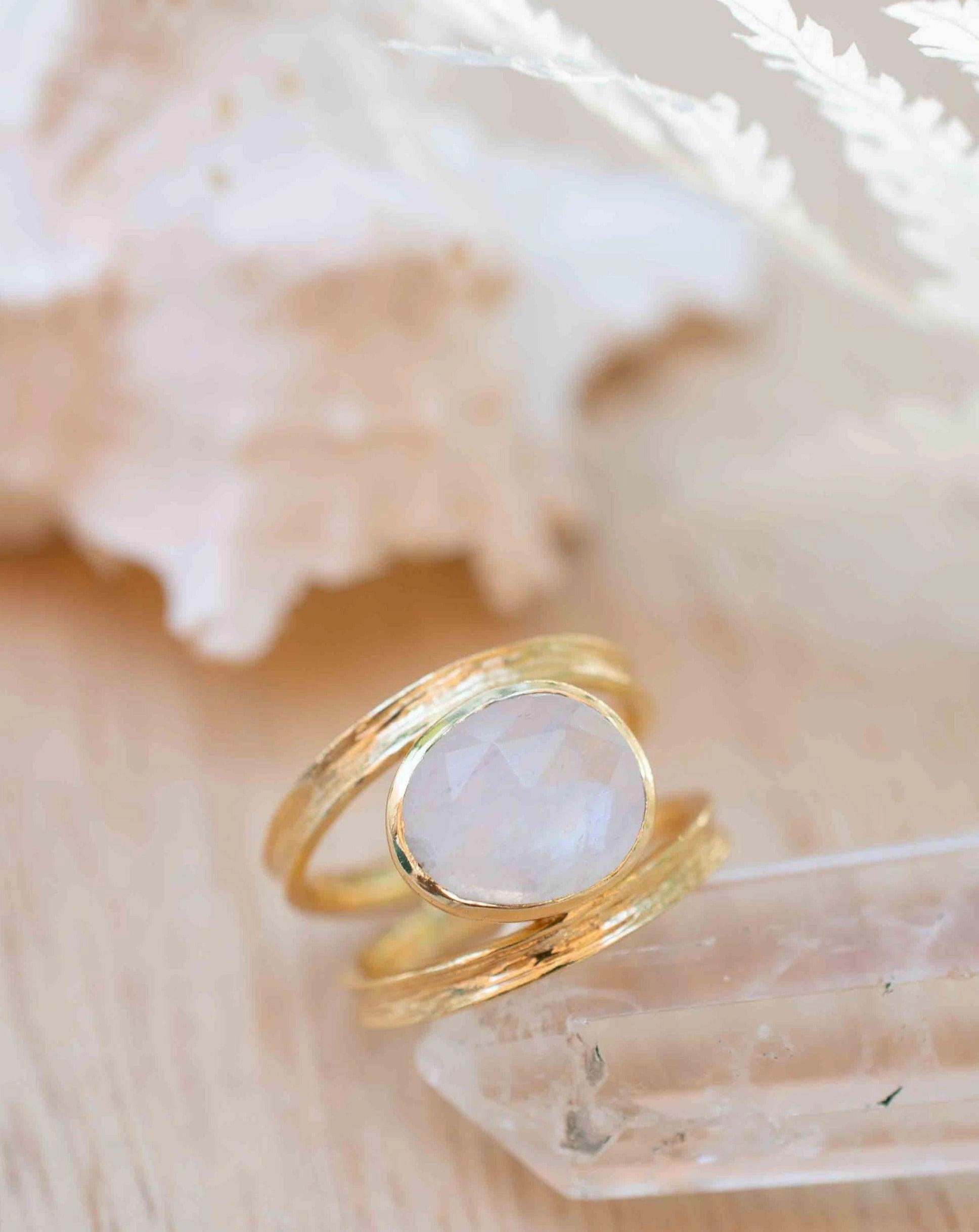 Double Ring ~ Rainbow Moonstone ~ 18k Gold Plated ~ MR307