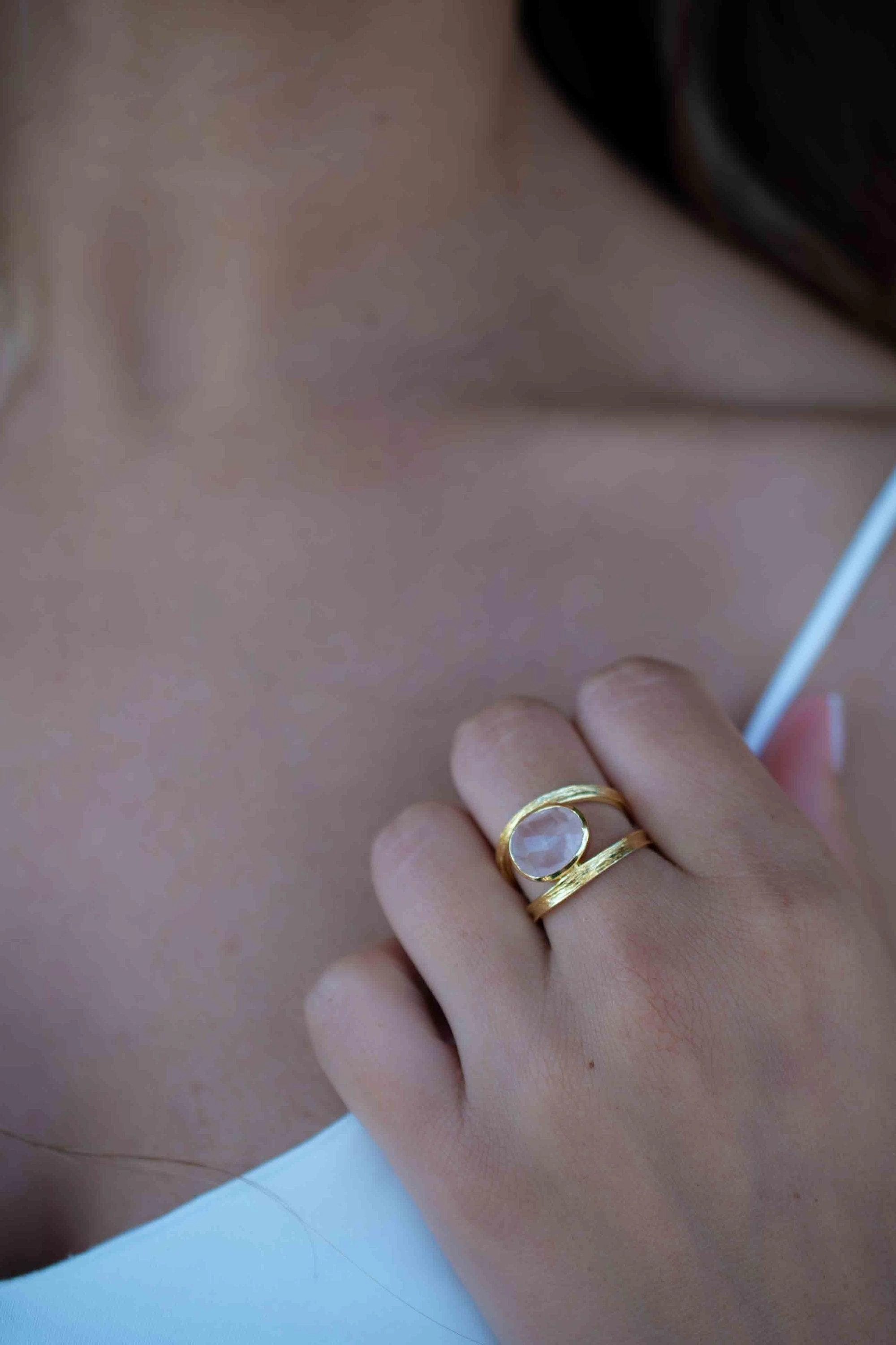 Double Ring ~ Rose Quartz ~18k Gold Plated ~ MR310