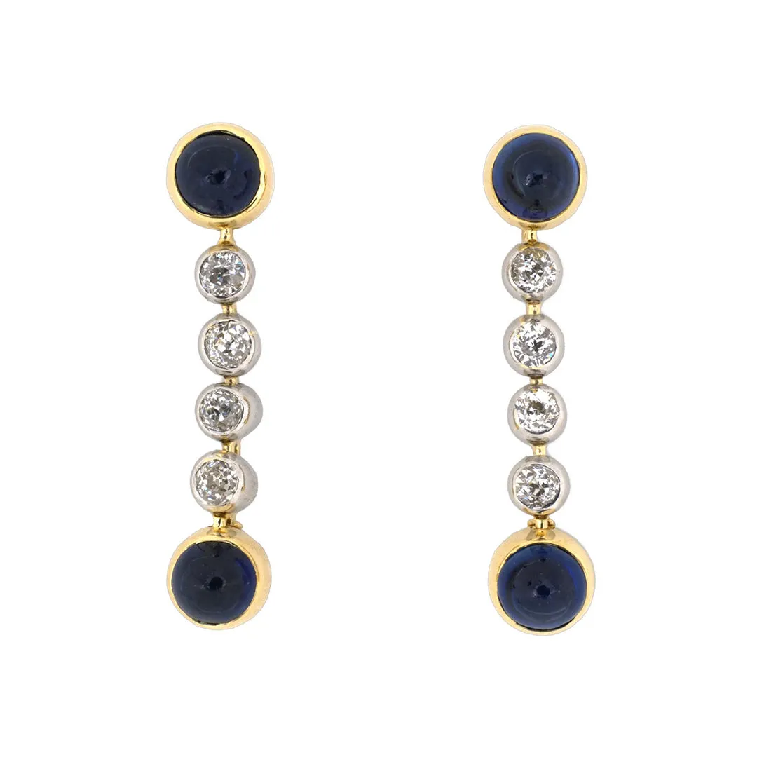 Edwardian French Sapphire & Diamond Drop Dangle Earrings