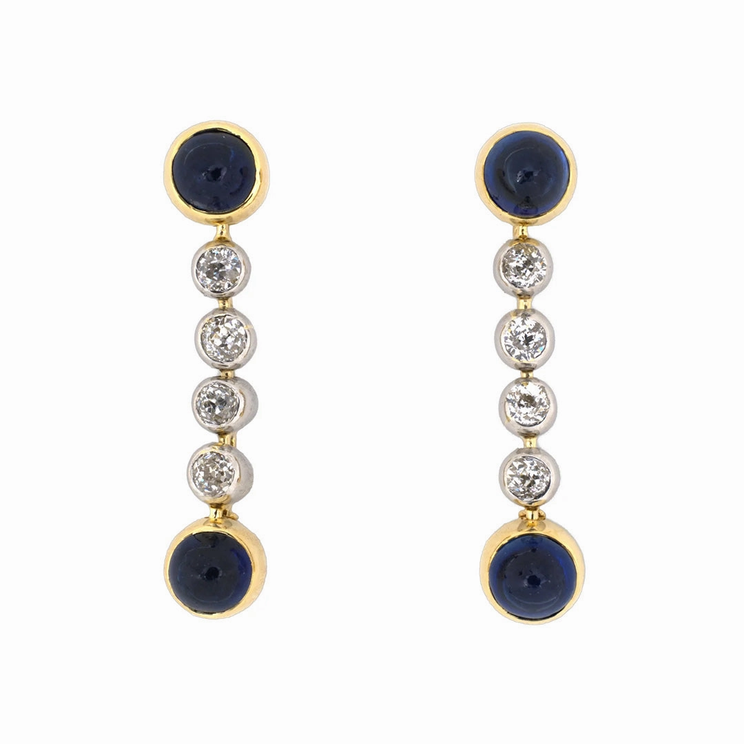 Edwardian French Sapphire & Diamond Drop Dangle Earrings