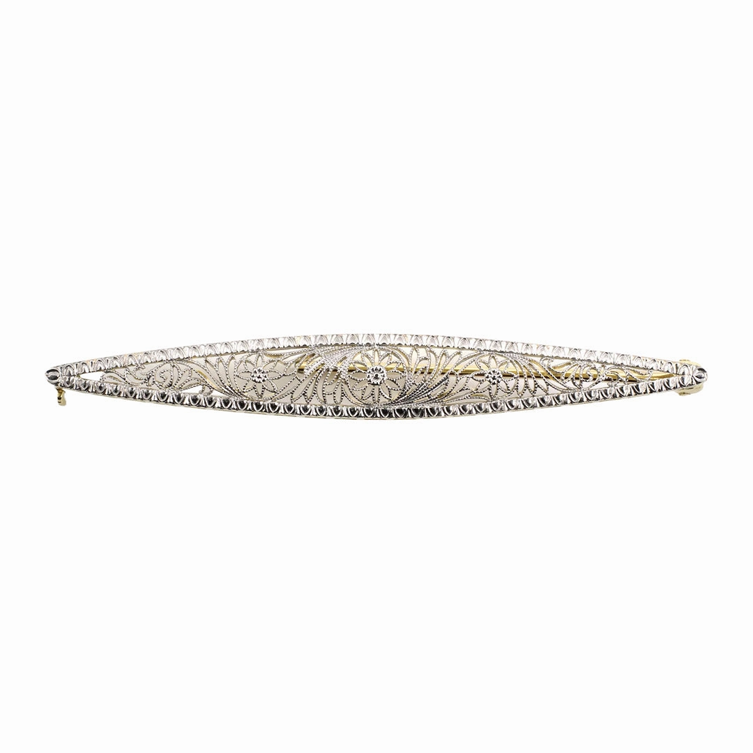 Edwardian Taylor & Co Platinum Floral Filigree Bar Pin