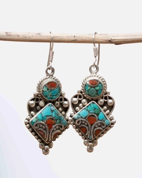 Eliane Turquoise Tibetan Earrings ~German Silver ~ SME060