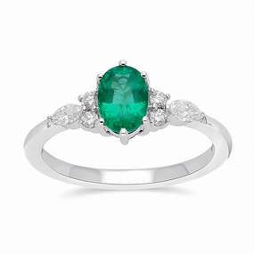 Emeral Oval Floral Diamond Ring- WG