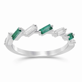 Emerald and Diamond Baguette Alternating Ring - WG
