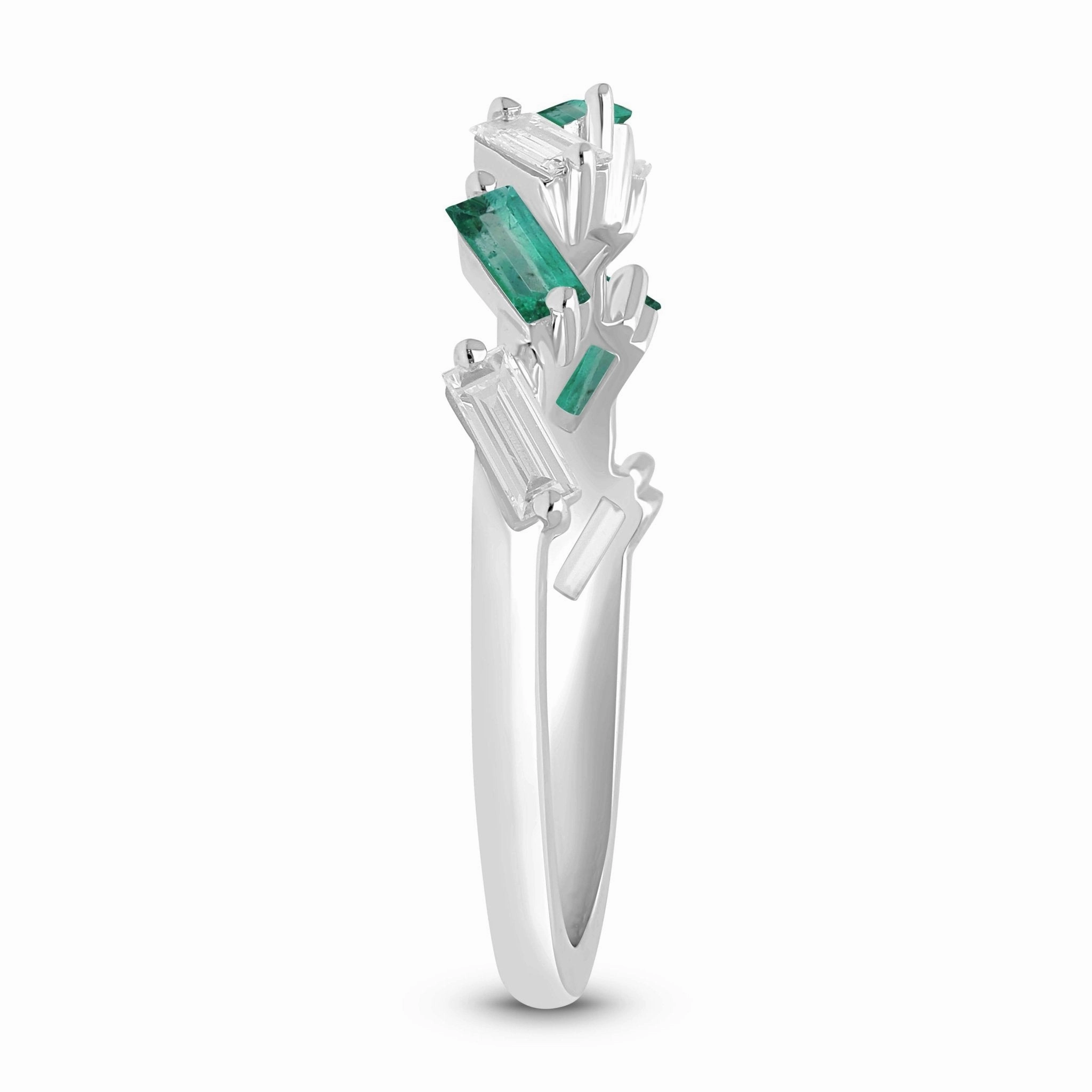 Emerald and Diamond Baguette Alternating Ring - WG