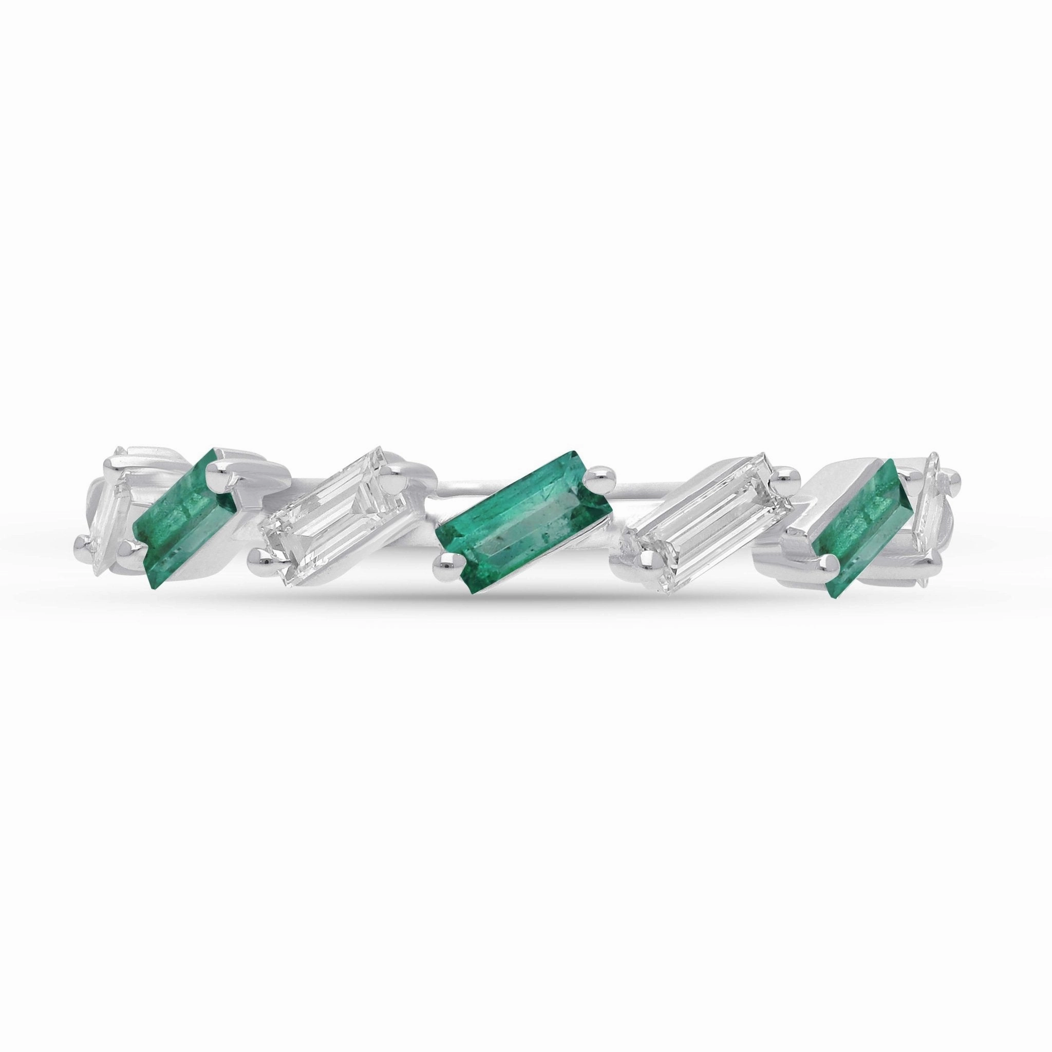 Emerald and Diamond Baguette Alternating Ring - WG