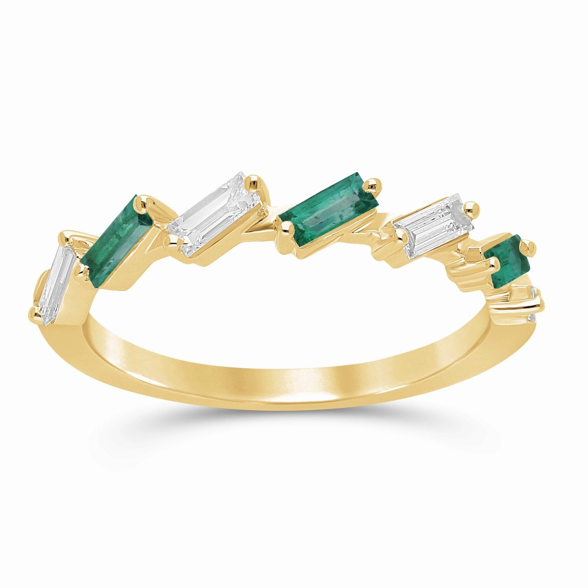 Emerald and Diamond Baguette Alternating Ring - WG