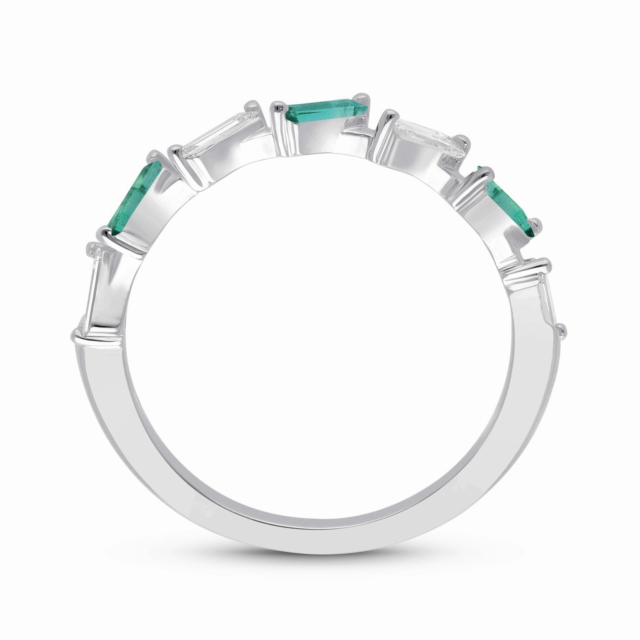 Emerald and Diamond Baguette Alternating Ring - WG
