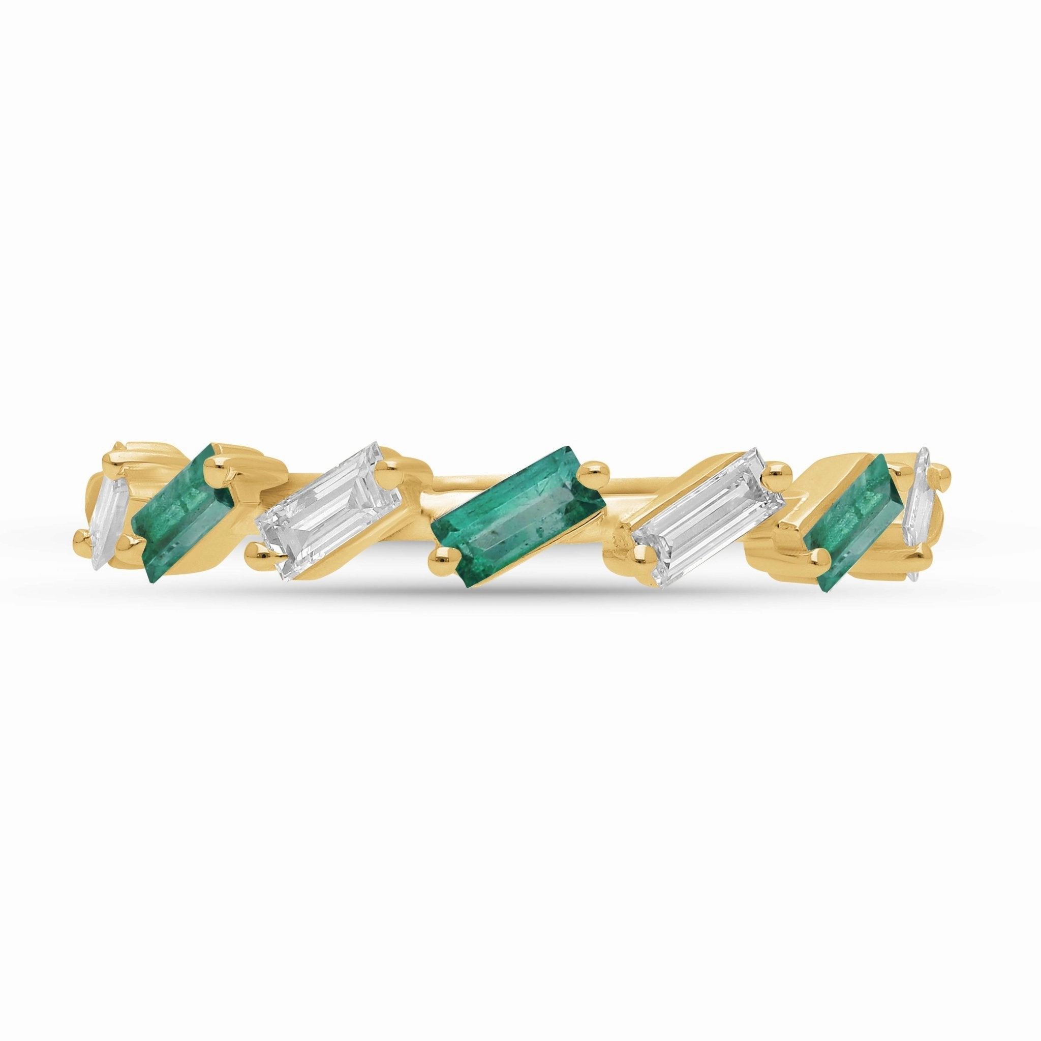 Emerald and Diamond Baguette Alternating Ring - YG