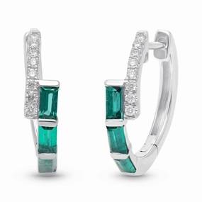 Emerald Baguette and Diamond Hoop Earrings - WG