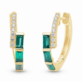 Emerald Baguette and Diamond Hoop Earrings - YG