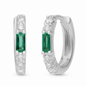 Emerald Baguette Huggie Hoop Earrings - WG
