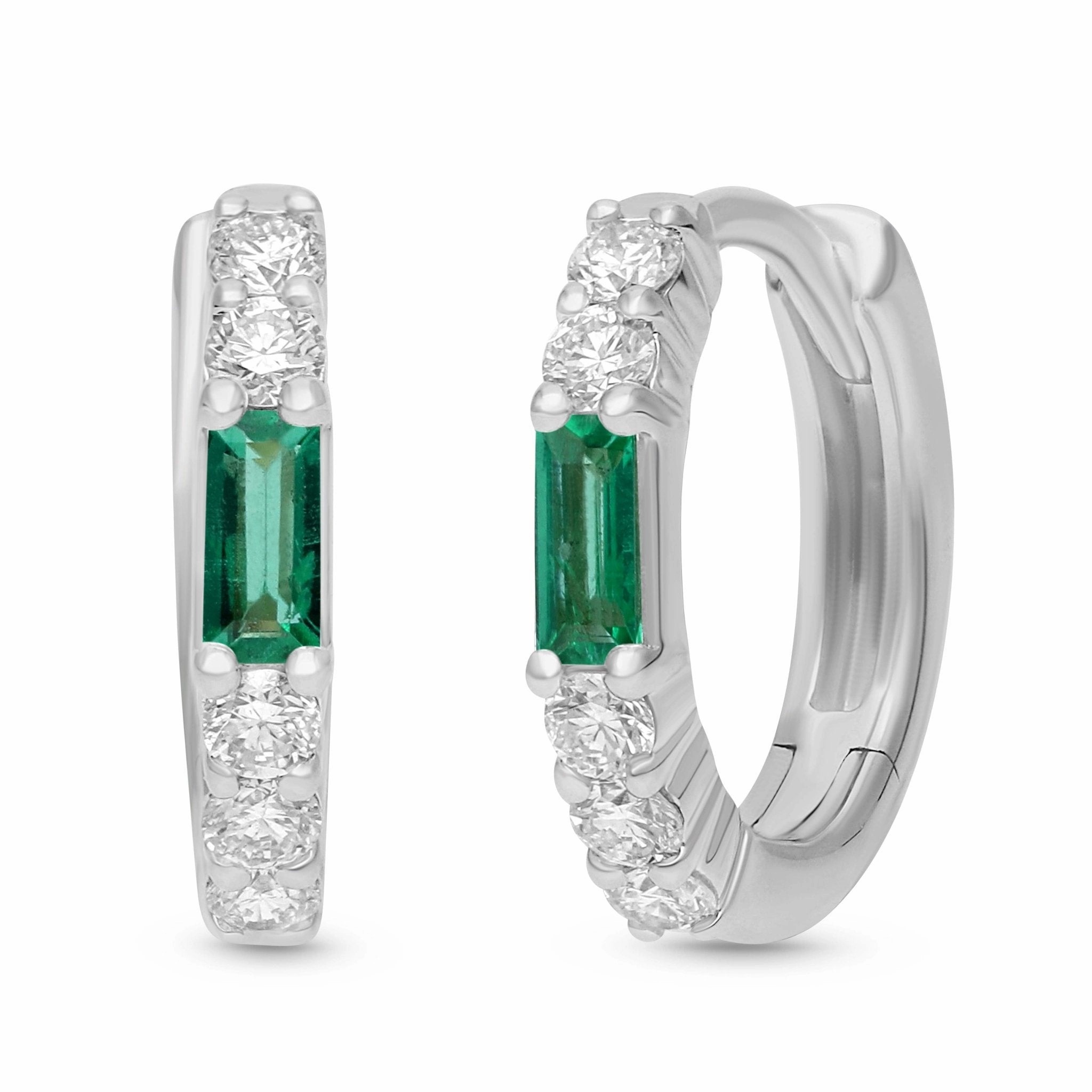 Emerald Baguette Huggie Hoop Earrings - WG