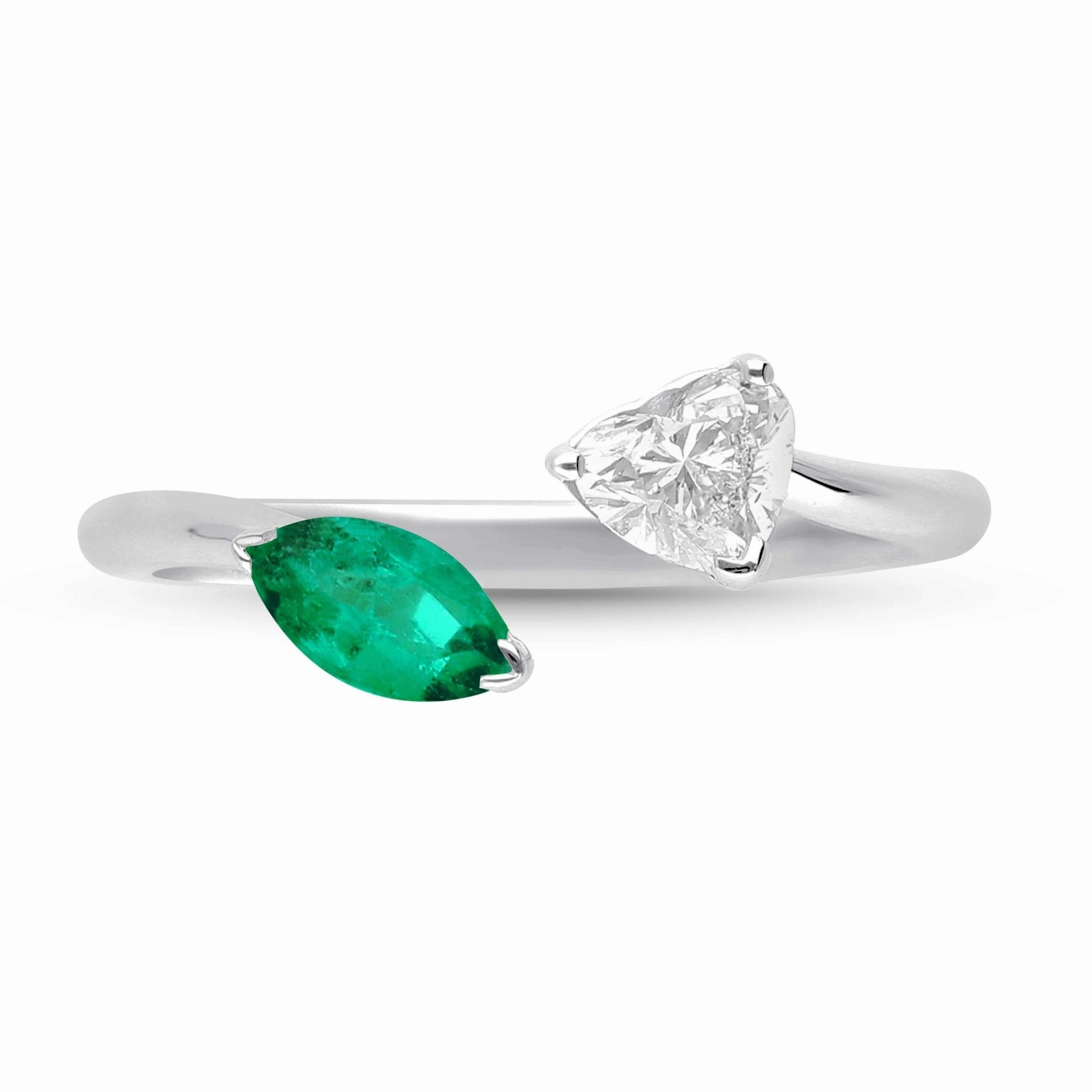 Emerald Marquise and Diamond Heart Open Ring - WG