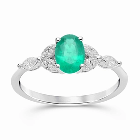 Emerald Oval Floral Ring - WG