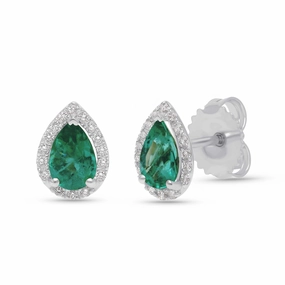 Emerald Pear Shape Halo Earrings - WG