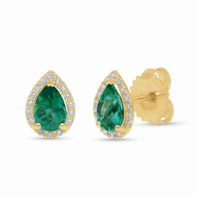 Emerald Pear Shape Halo Earrings - YG