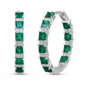 Emerald Princess Cut Hoop Earrings - WG