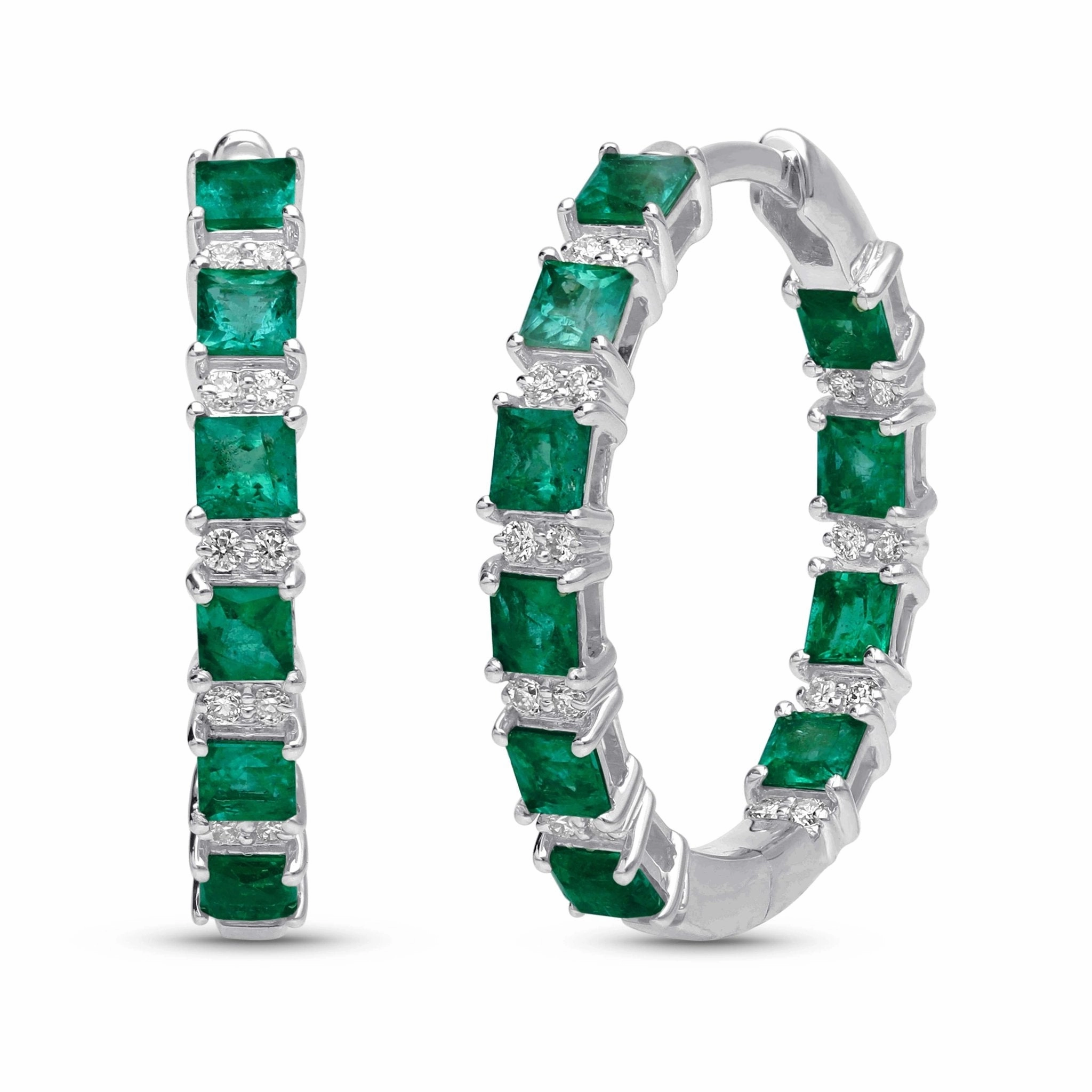 Emerald Princess Cut Hoop Earrings - YG