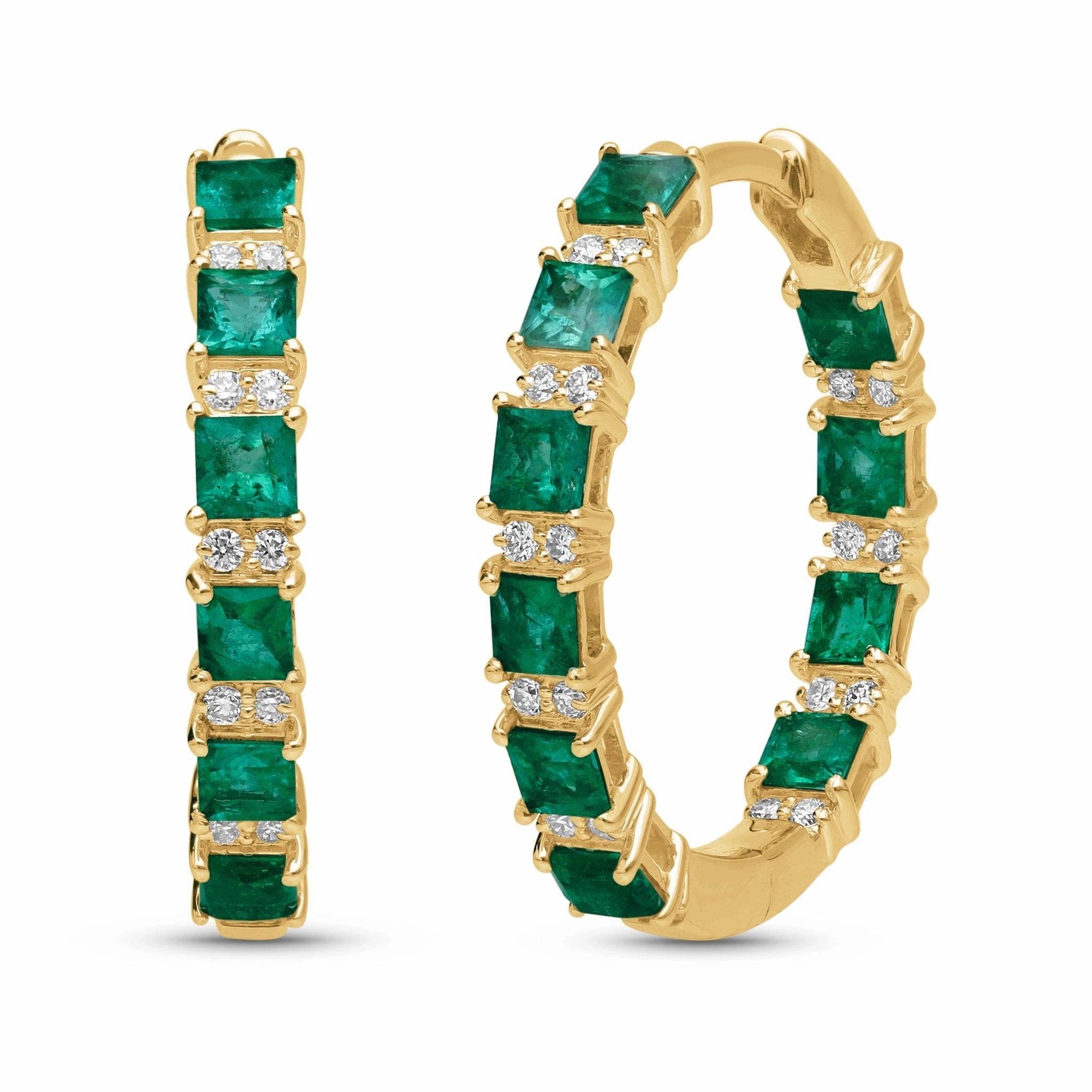 Emerald Princess Cut Hoop Earrings - YG