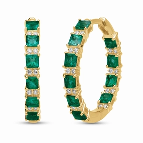 Emerald Princess Cut Hoop Earrings - YG