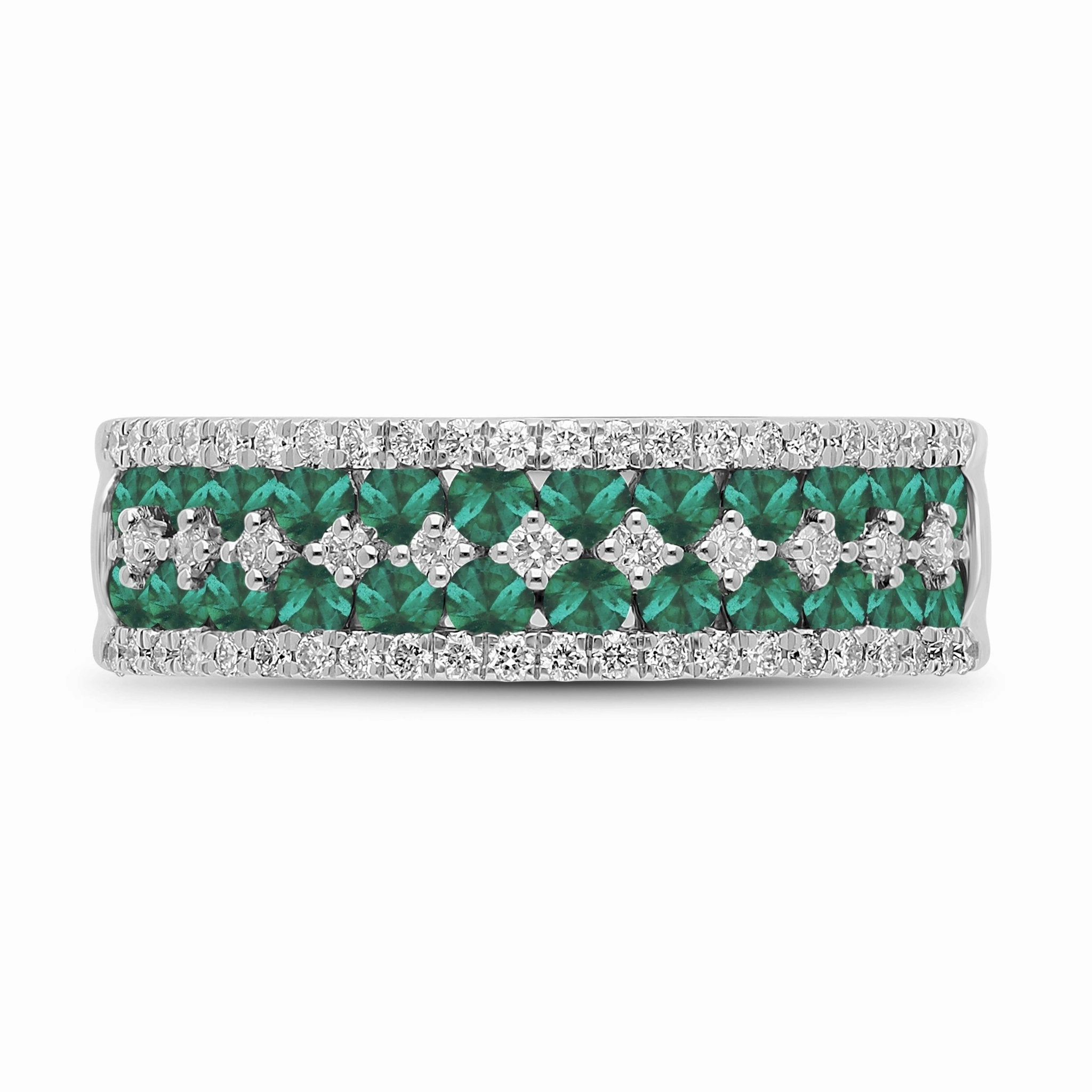 Emerald Round and Diamond Band Ring - WG