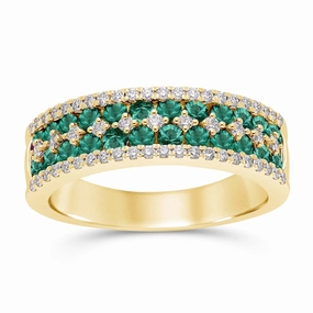 Emerald Round and Diamond Band Ring - YG
