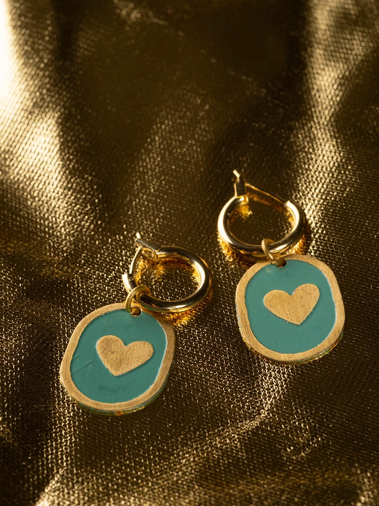 Enamel Heart Huggie Earrings - Sage
