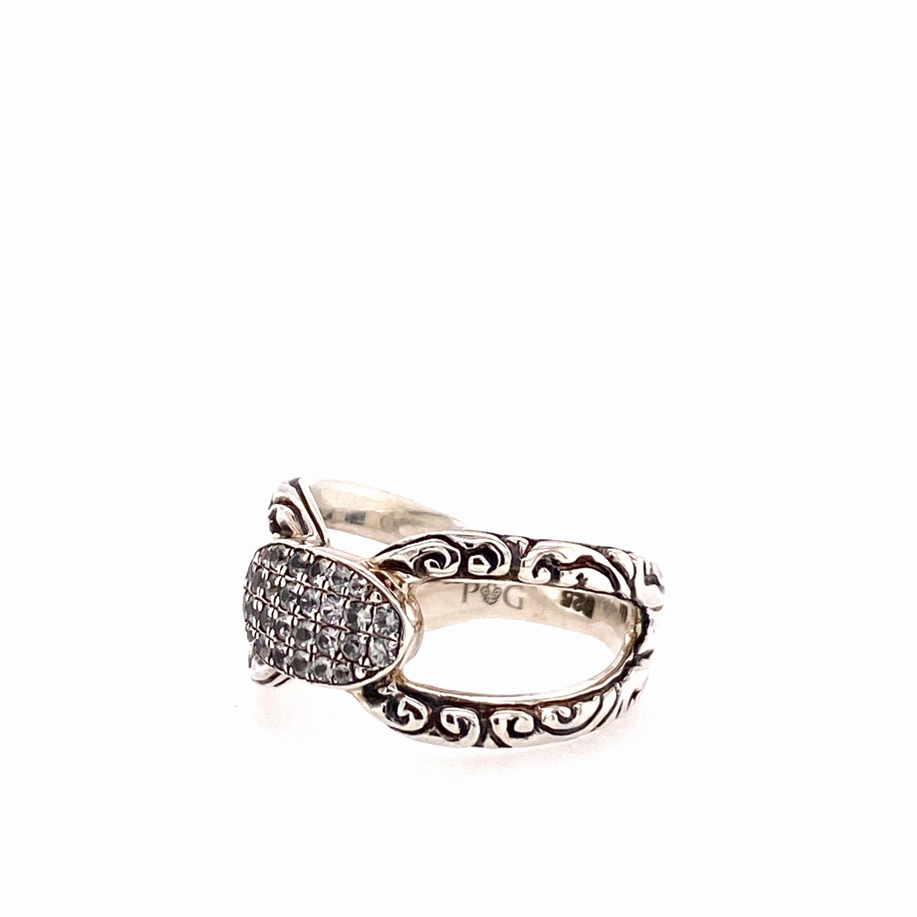 engraved sterling silver and sapphire ring