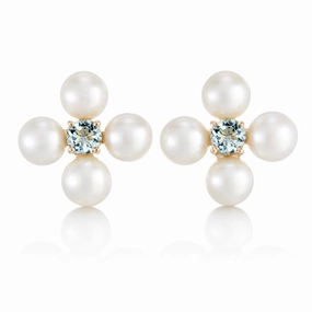 Flora Earrings in Pearls & Aquamarines