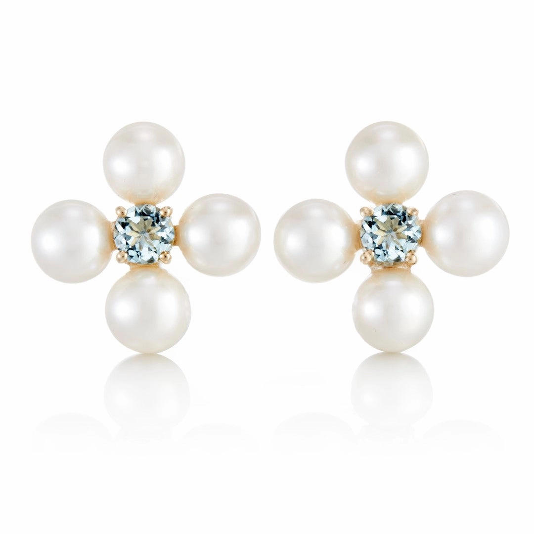 Flora Earrings in Pearls & Aquamarines