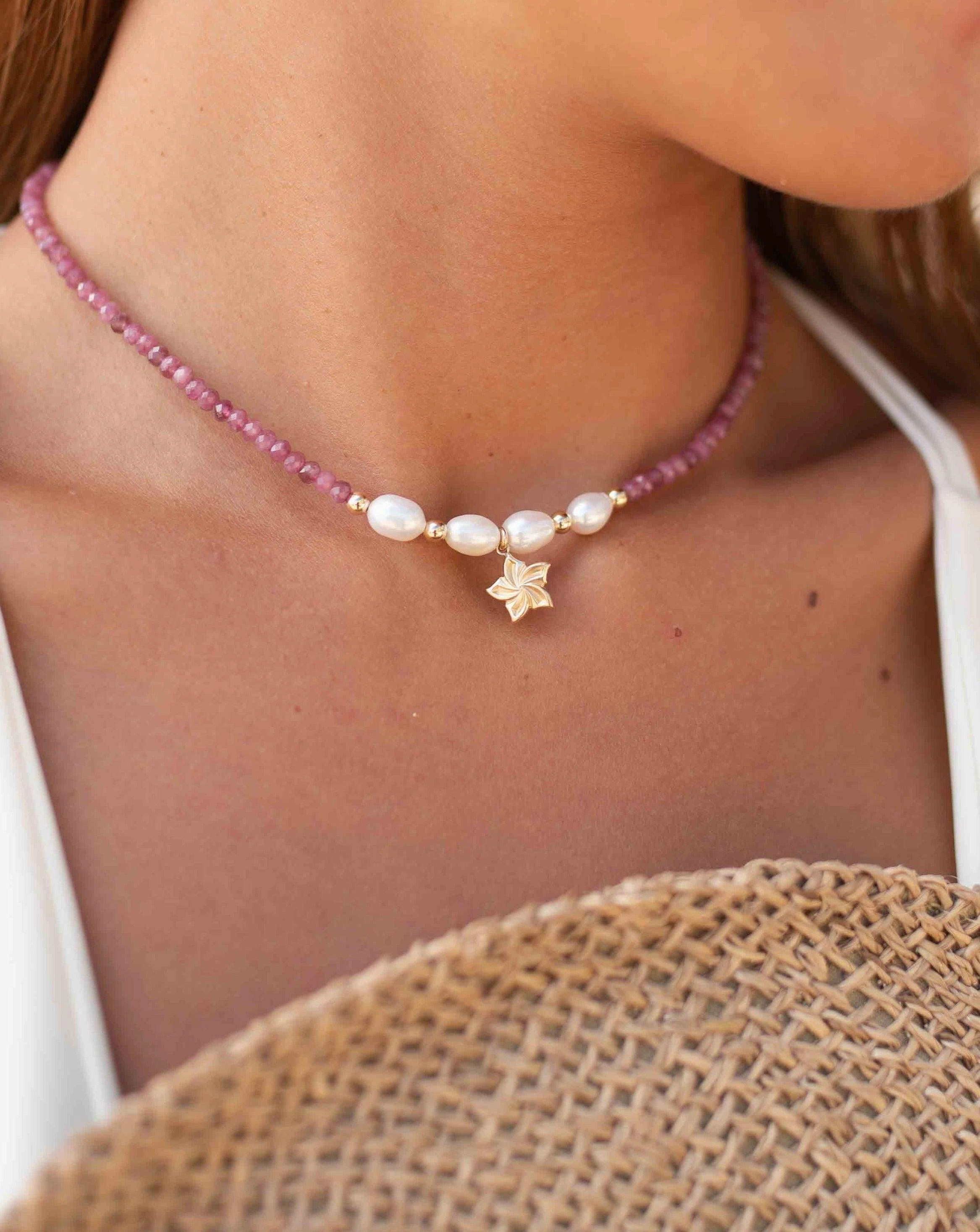 Flower Pink Tourmaline and Pearl necklace~ Gold Filled ~ Choker ~ MN099