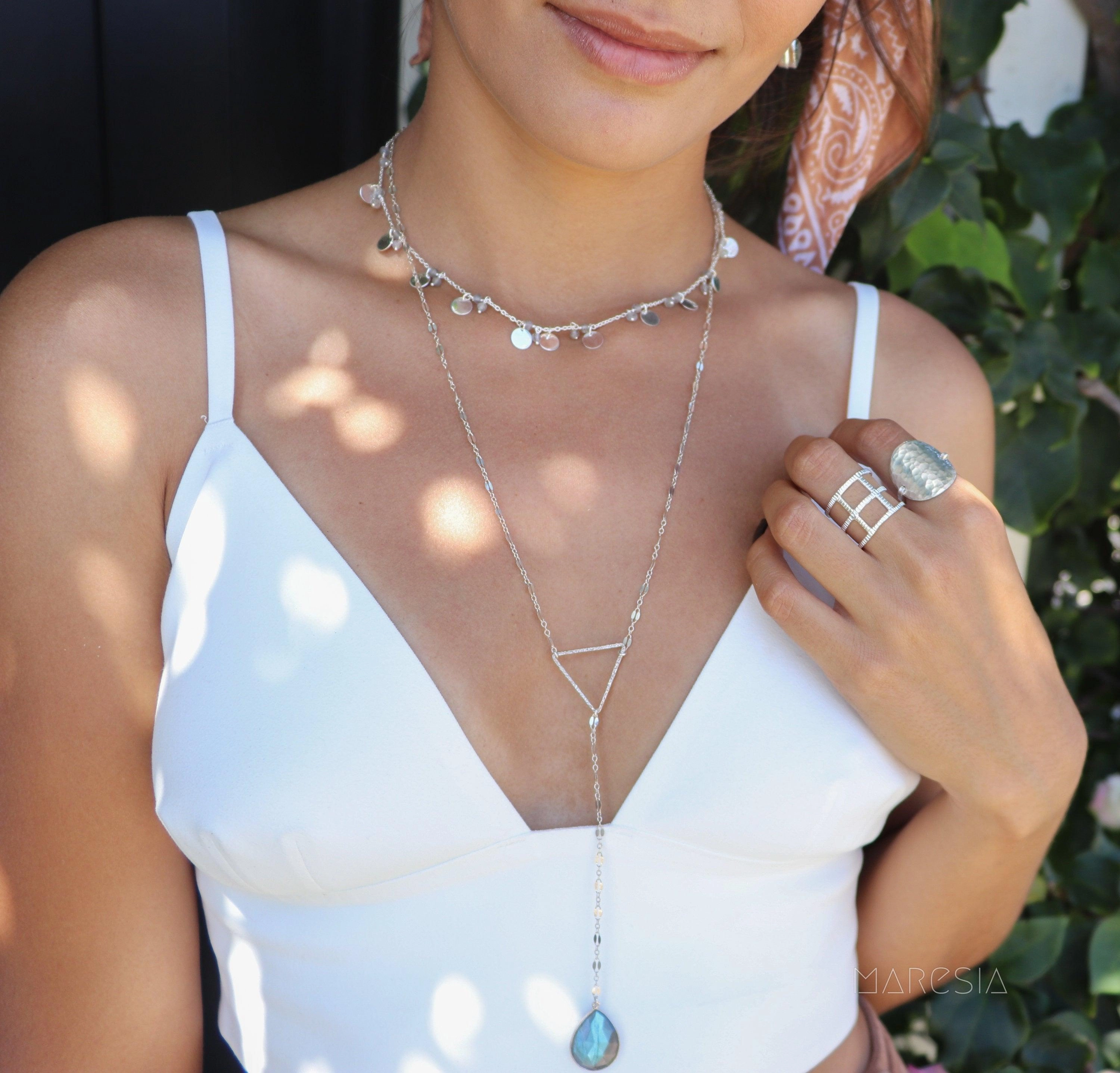 Fran Labradorite or Moonstone Triangle Long Necklace ~ Sterling Silver 925 or Gold Filled ~MN002