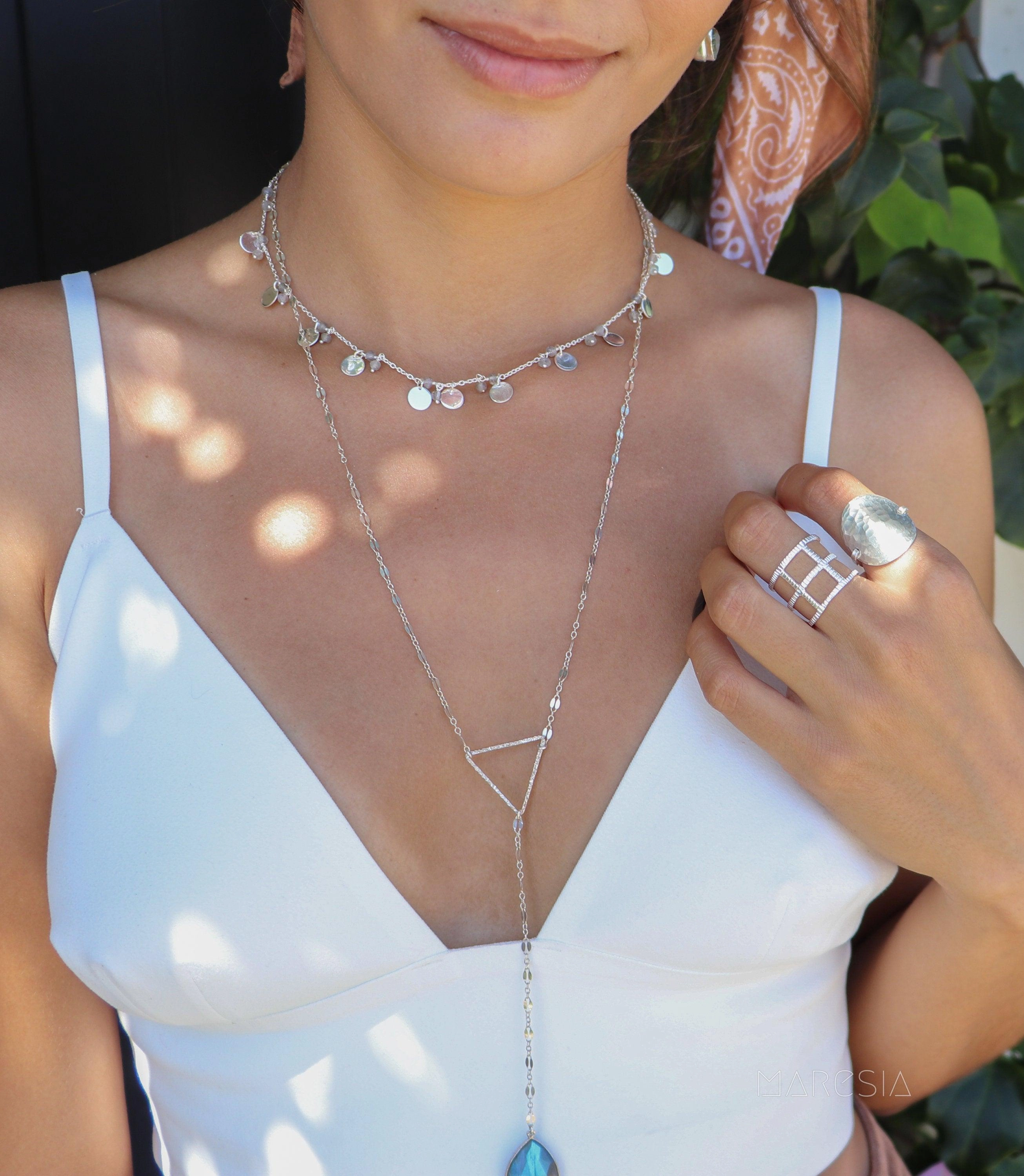 Fran Labradorite or Moonstone Triangle Long Necklace~ Sterling Silver 925 or Gold Filled ~ MN002A