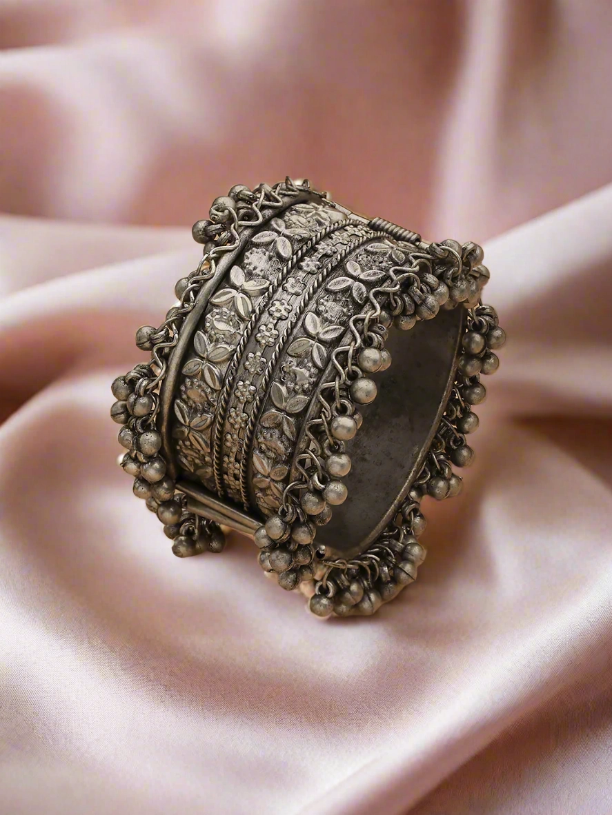 German Silver Oxidised Silver-Plated Floral Textured Bangle-Style Bracelet