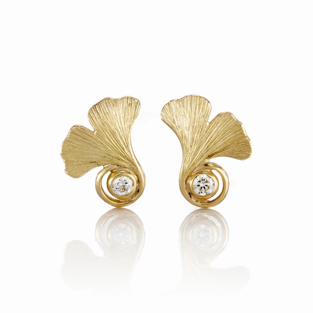 Ginkgo Leaf & Diamond Stud Earrings