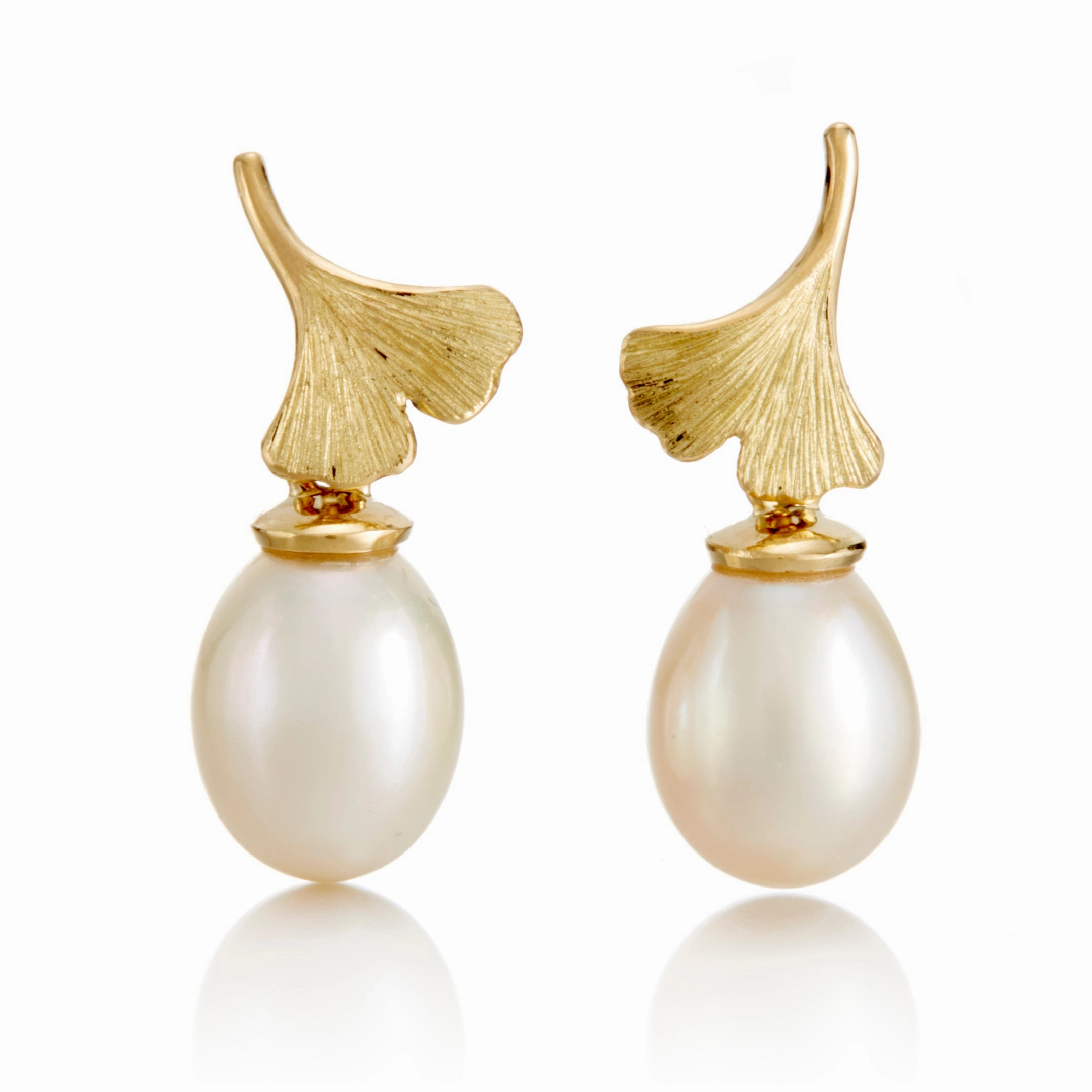 Ginkgo Leaf & White Pearl Drop Earrings