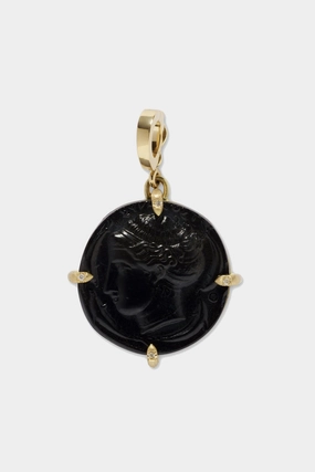 Goddess Black Venetian Glass Coin Charm, Yellow Gold