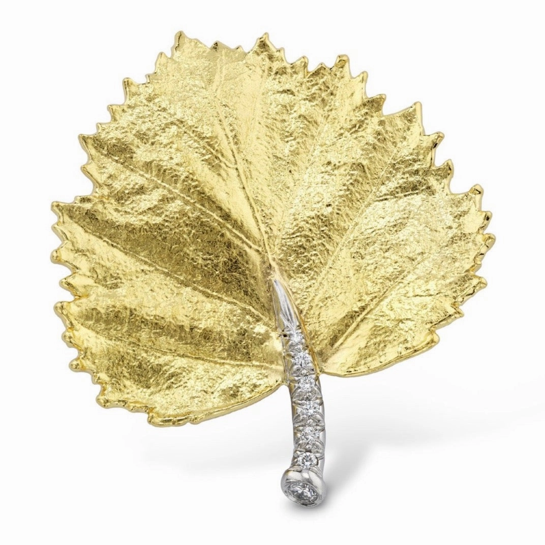 Gold Poplar Leaf & Diamond Brooch
