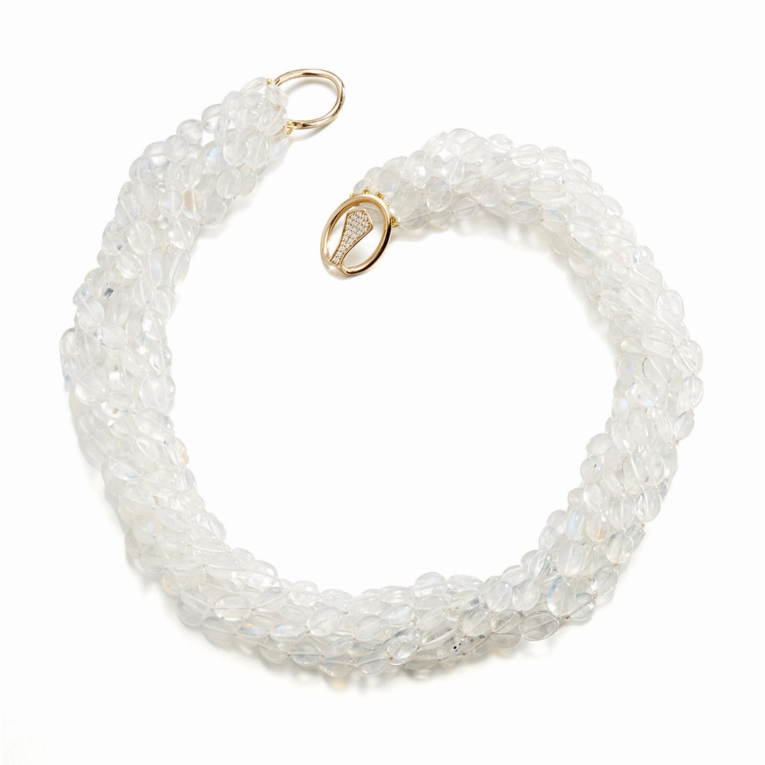 Graduated Moonstone 8-Strand Twist Necklace with Diamond Clasp
