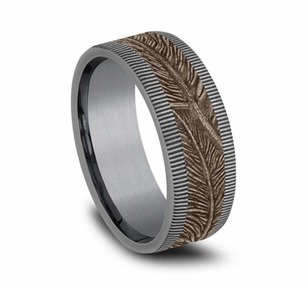 Gray Tantalum And 14K Rose Gold The Kestrel Feather Patterned 8mm Wedding Band